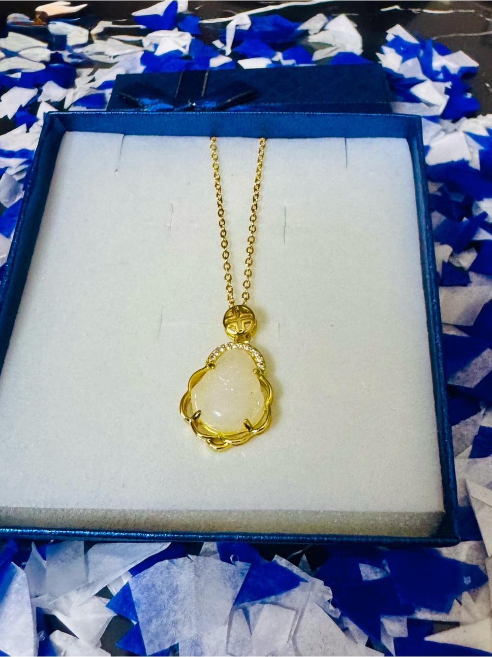 Gold Necklace with White Teardrop-Style Pendant